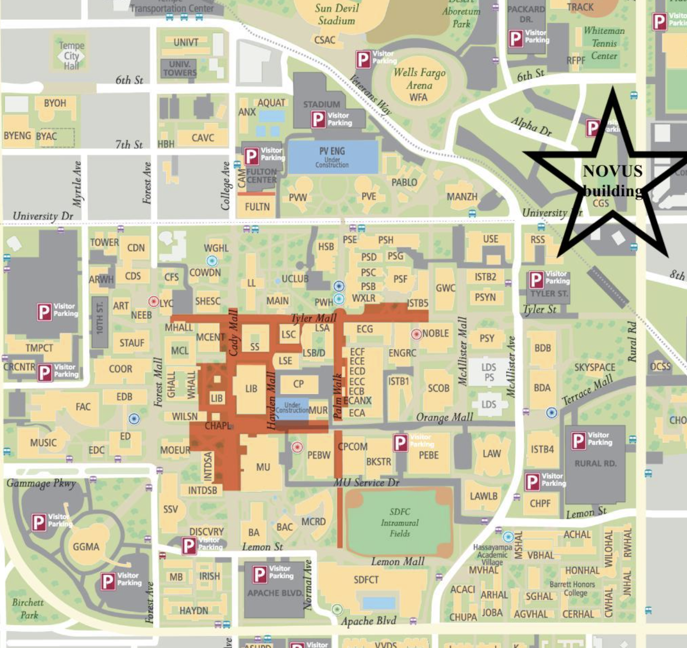 Map of ASU with star on Novus Place