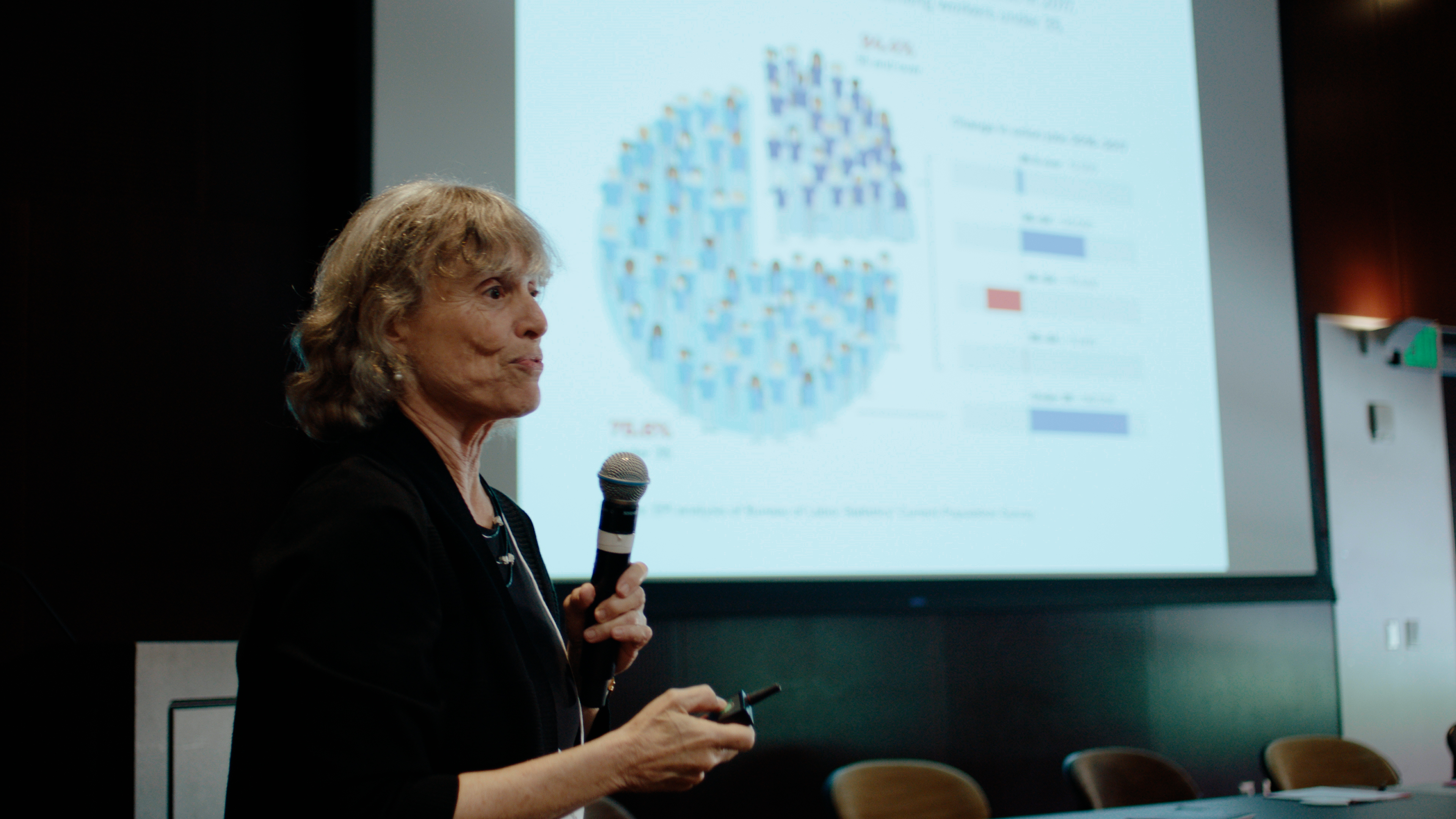 Woman with a microphone in front of a powerpoint slide.