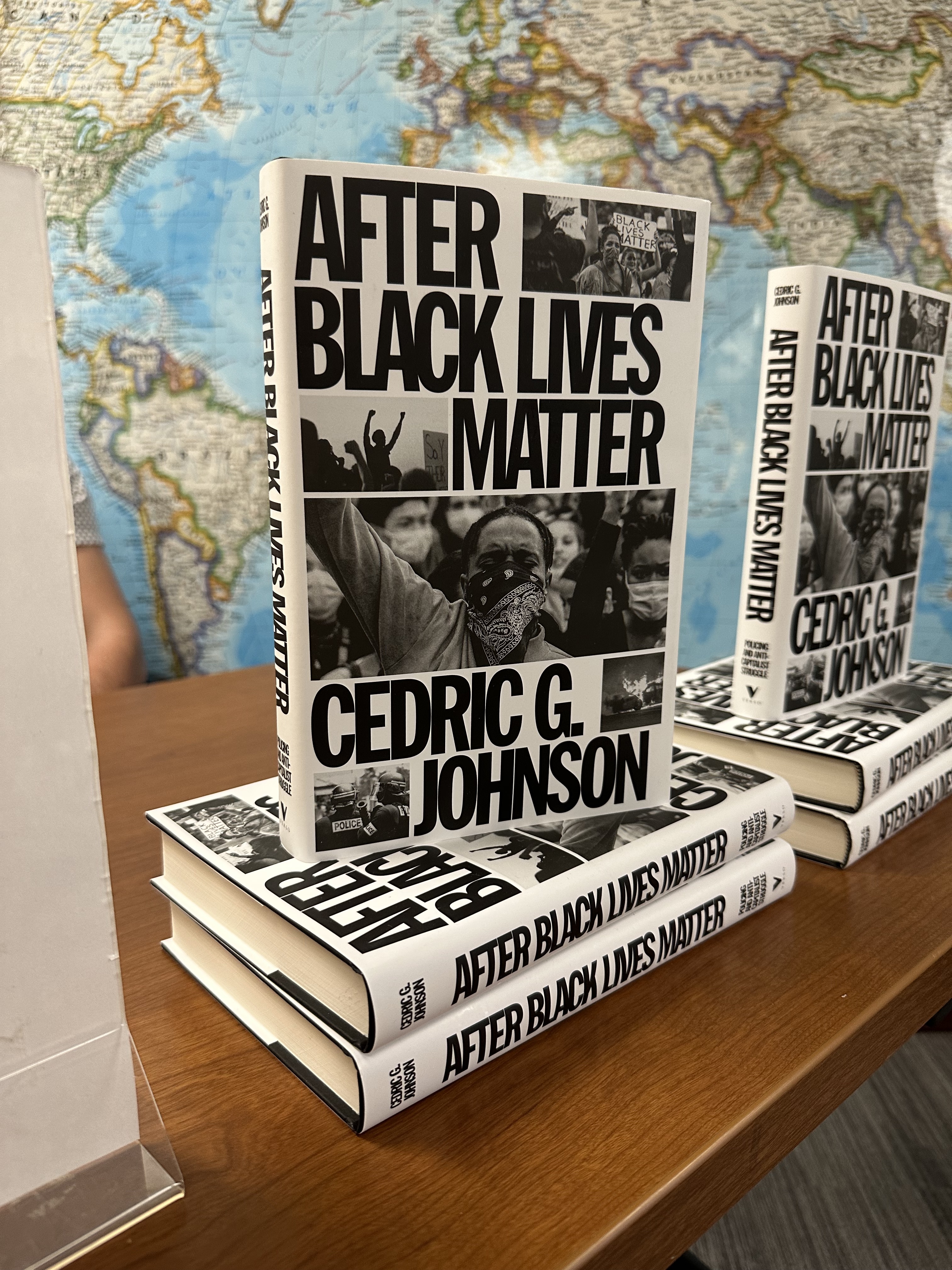 Copies of "After Black Lives Matter" stacked in a pile to be sold.