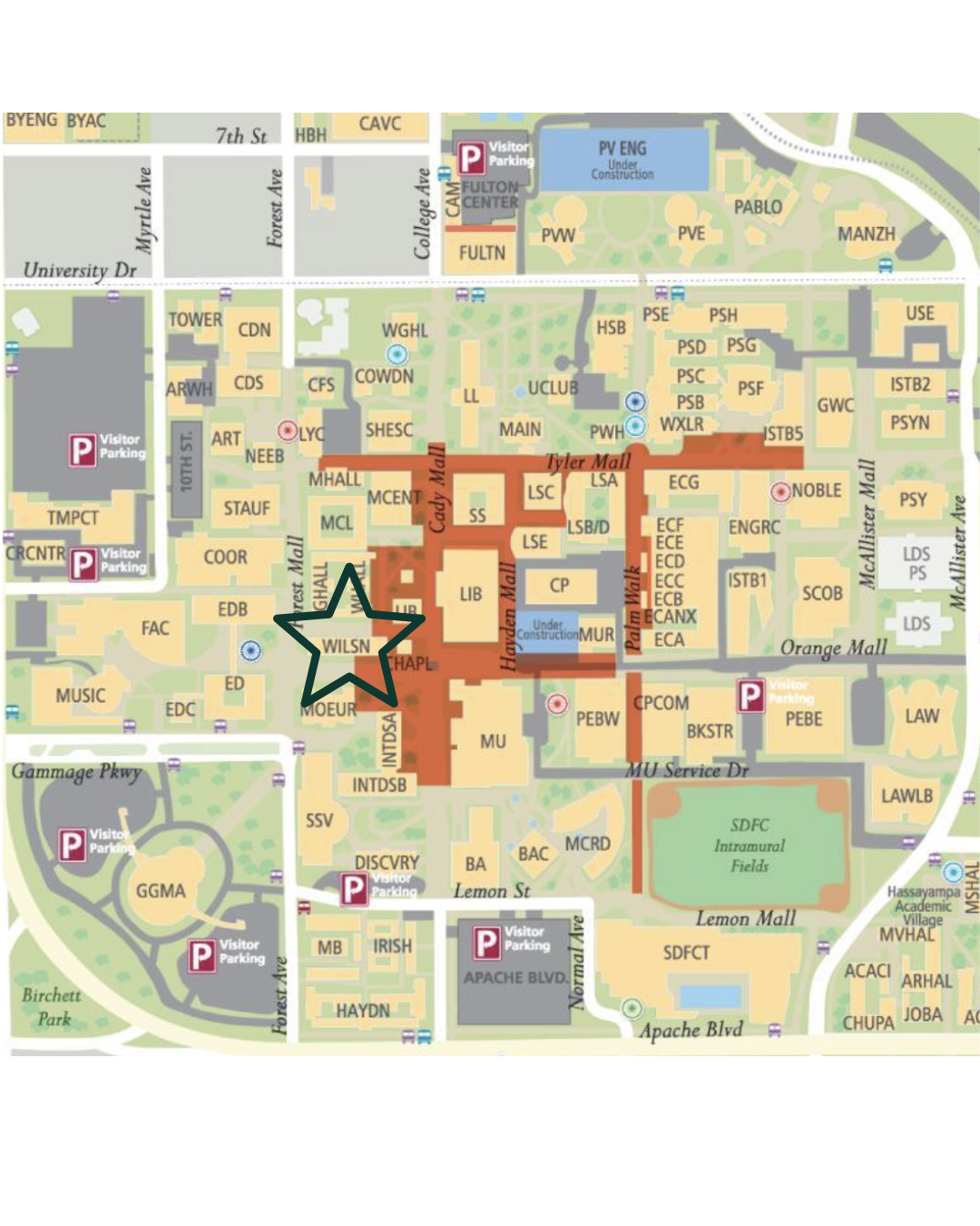 Map of ASU highlighting Wilson Hall with a star