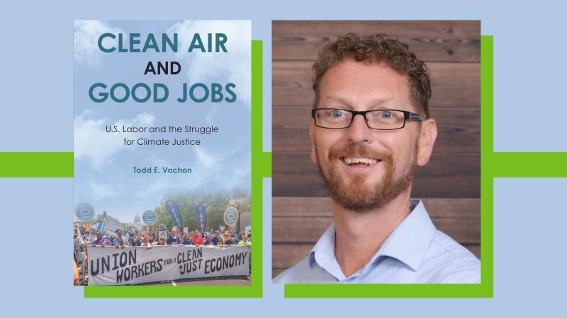 "Clean Air and Good Jobs" book with author, red curly hair and glasses