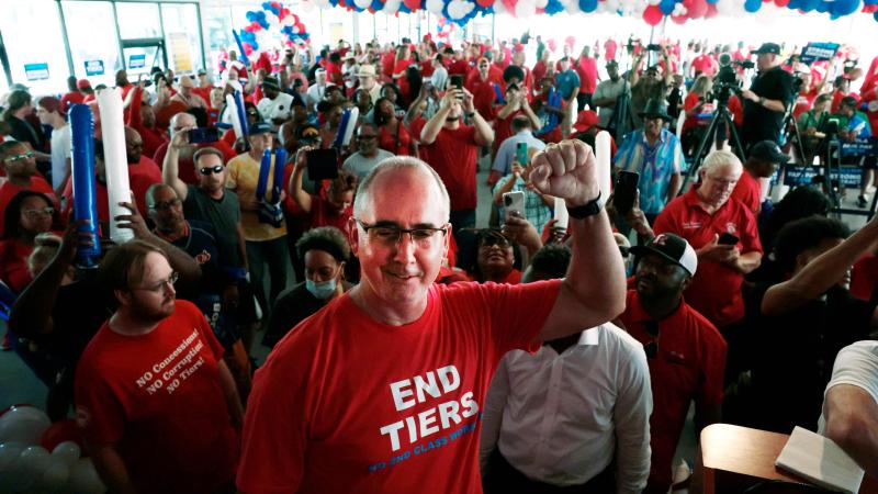 United Automobile Workers President Shawn Fain at a rally with union members and supporters in Warren, Michigan, on August 20, 2023. (Jeff Kowalsky/AFP/Getty Images)