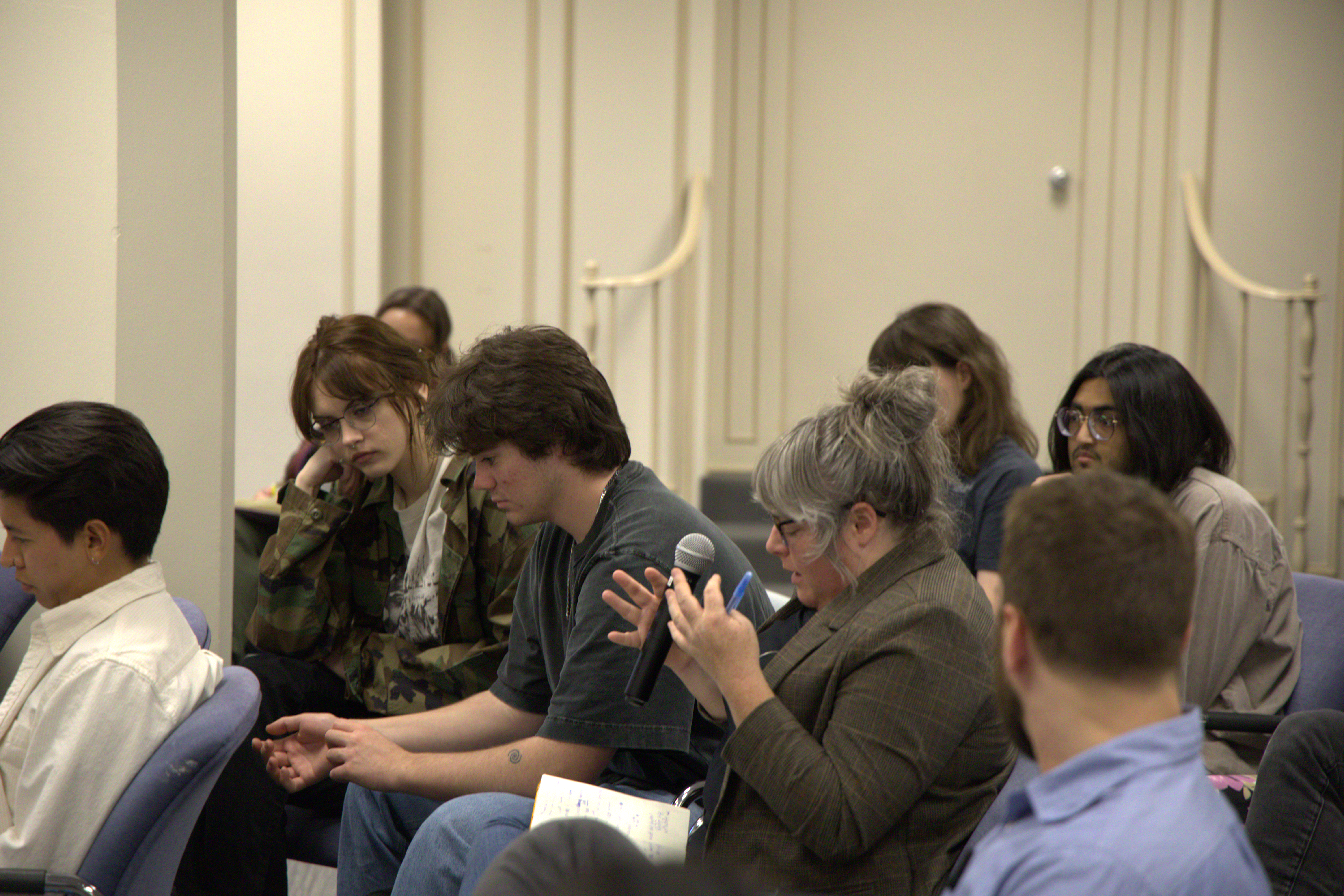 Audience asks questions at the Fred Block Speaker Event in West Hall.