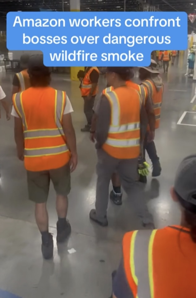 Screenshot of a tiktok of workers at Amazon, with caption "Amazon workers confront bosses over dangerous wildfire smoke"