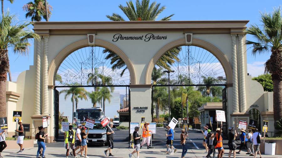 Image of striking writers outside of Paramount Pictures.