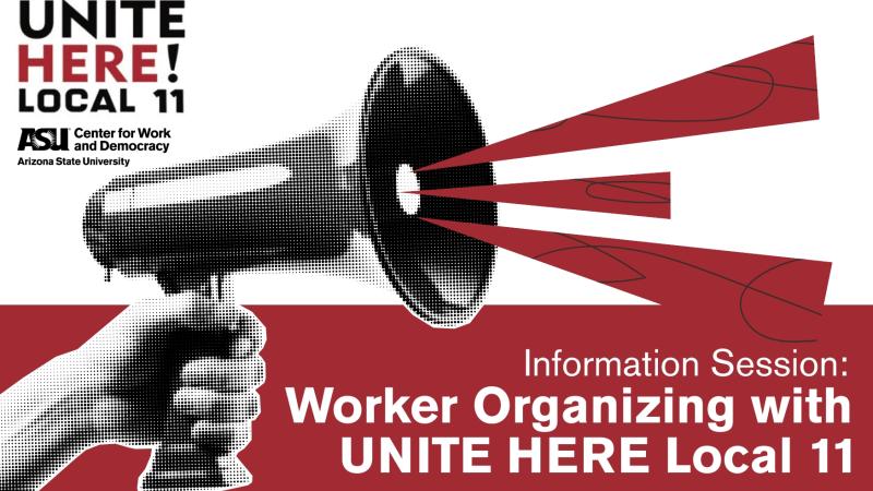 Banner image of a bullhorn with talk title, UNITE HERE logo, and time/date information